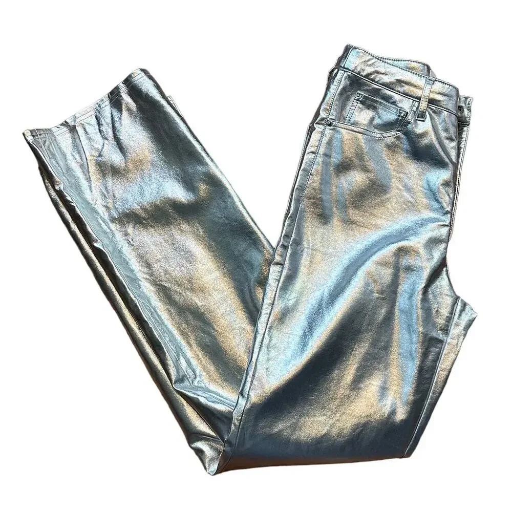 WeWoreWhat Silver Straight Leg Jeans Size 26 Faux Leather High Rise $148 NEW - Picture 7 of 9